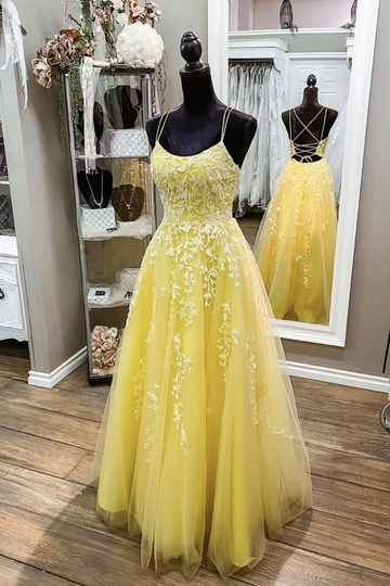 Yellow lace long A line prom dress evening dress HZ1023
